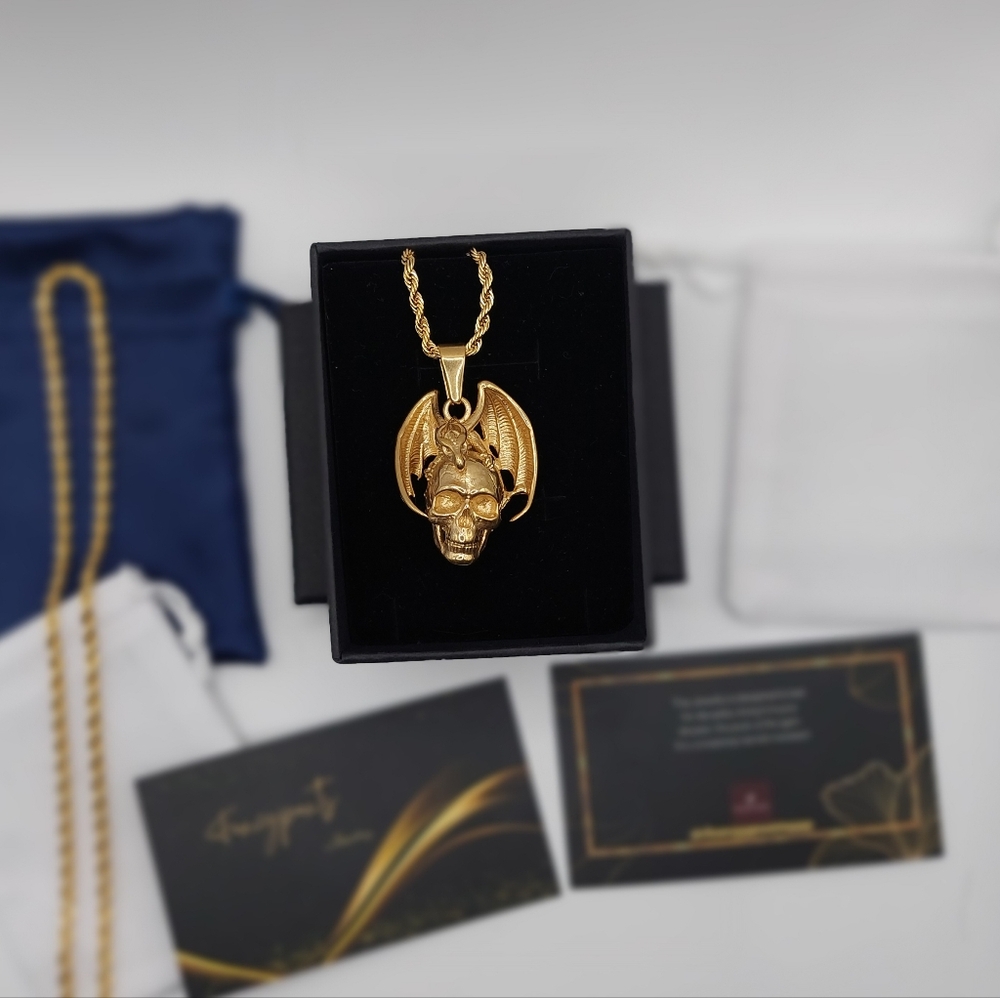 18K Gold Plated Skull 💀 And Dragon🐉 And 18K Gold Plated Rope Chain